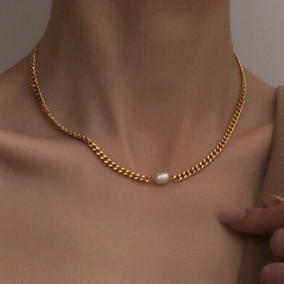 NEW 18K Gold Plated Chunky Chain Pearl Necklace